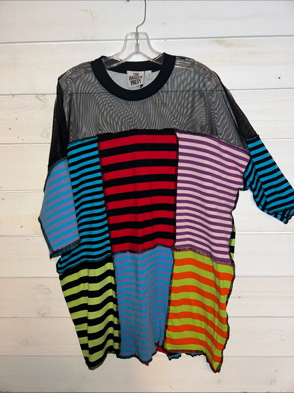 The Ragged Priest Black Mesh Multicolor Striped Patchwork TeeTunic